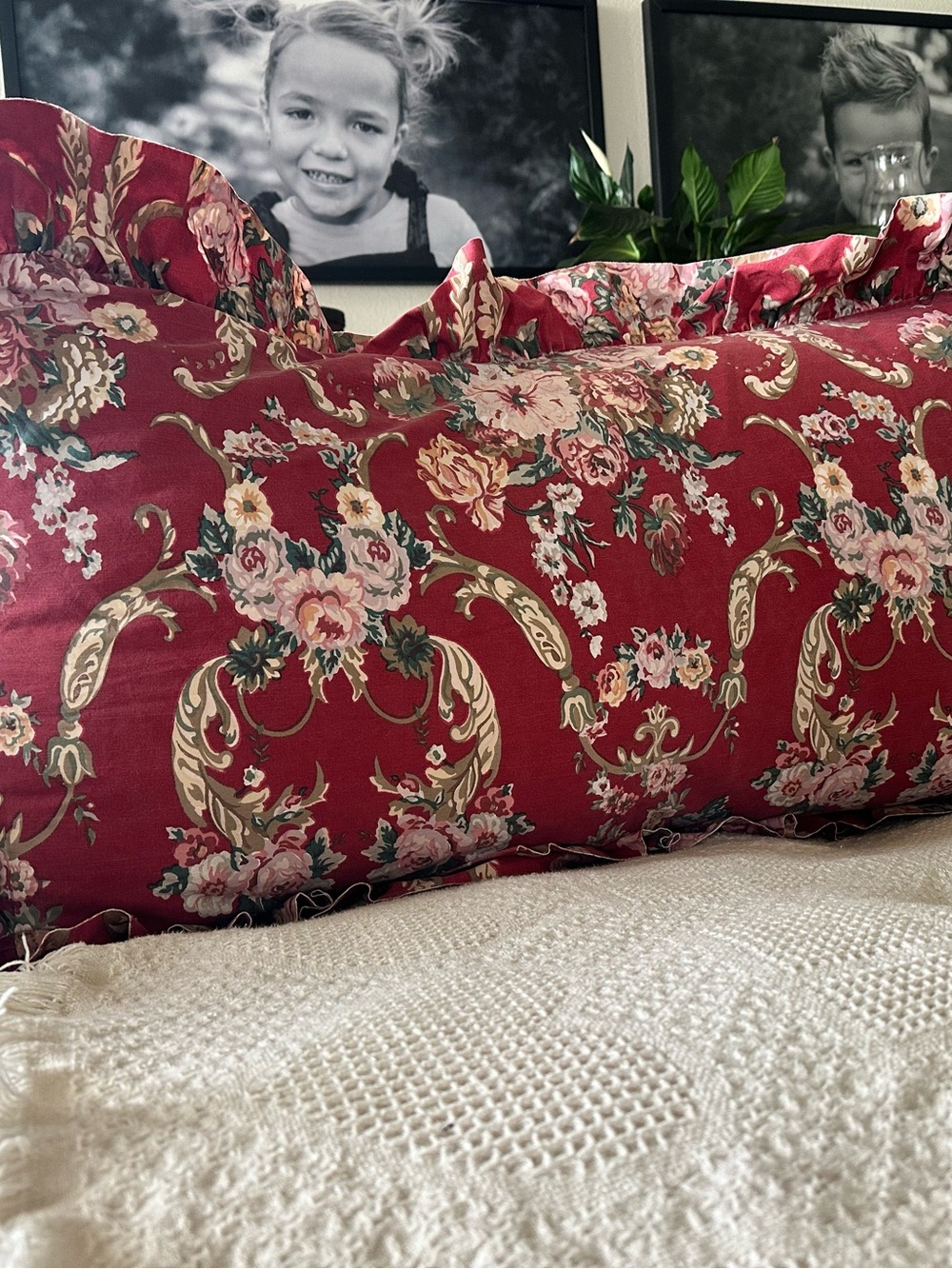 Ralph Lauren Red and Pink Floral Pillow Sham set with Ruffle Edge